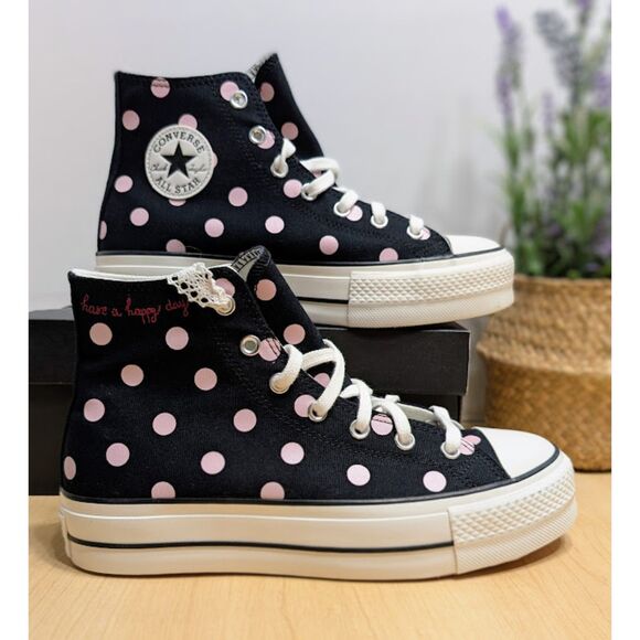 Converse CTAS Lift Platform Pink Polka Dots Black High Top Sneakers Size 10 NIB - Picture 1 of 15